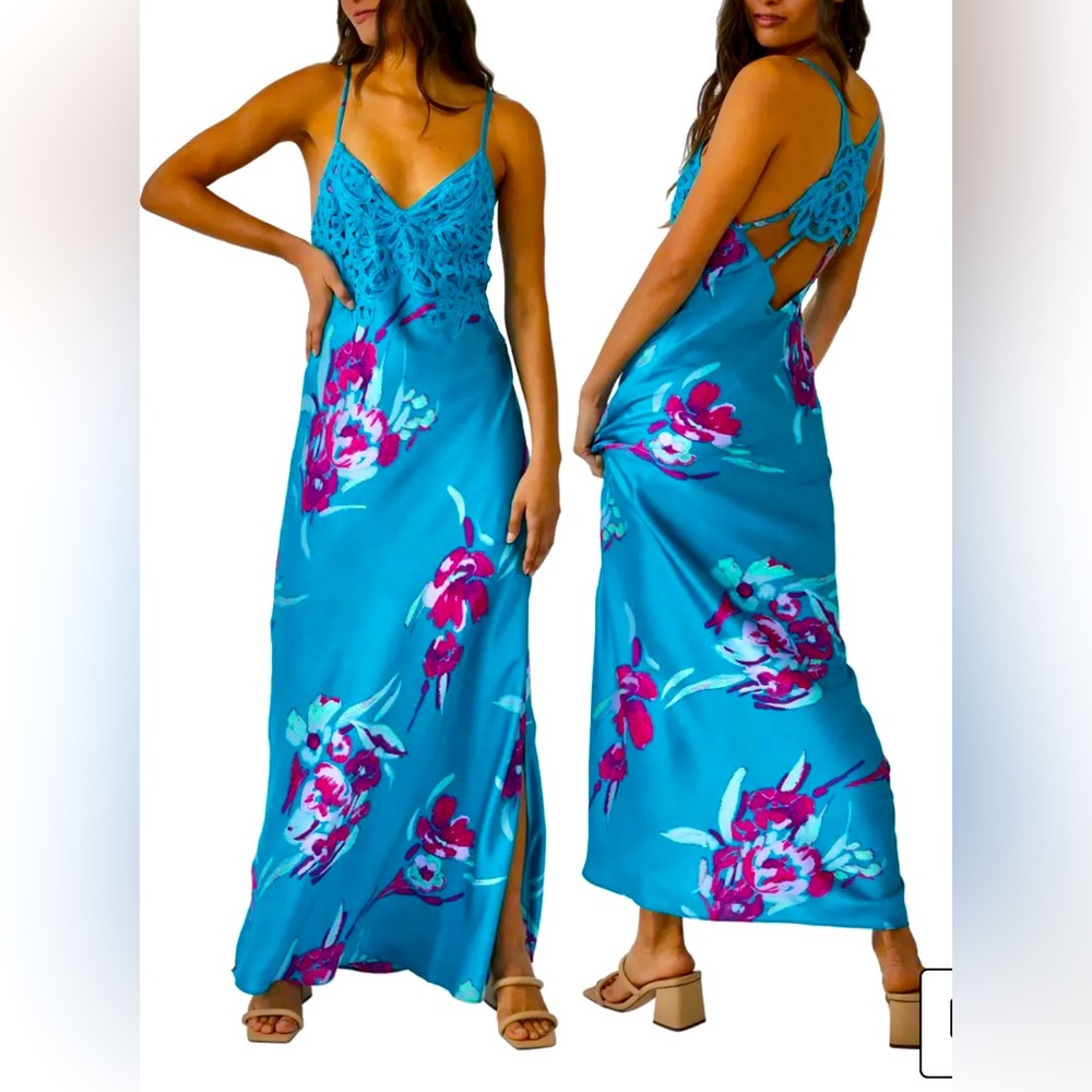 NWT Free People Gorgeous Floral Silky Slip Dress W/Embroidered Cutouts S